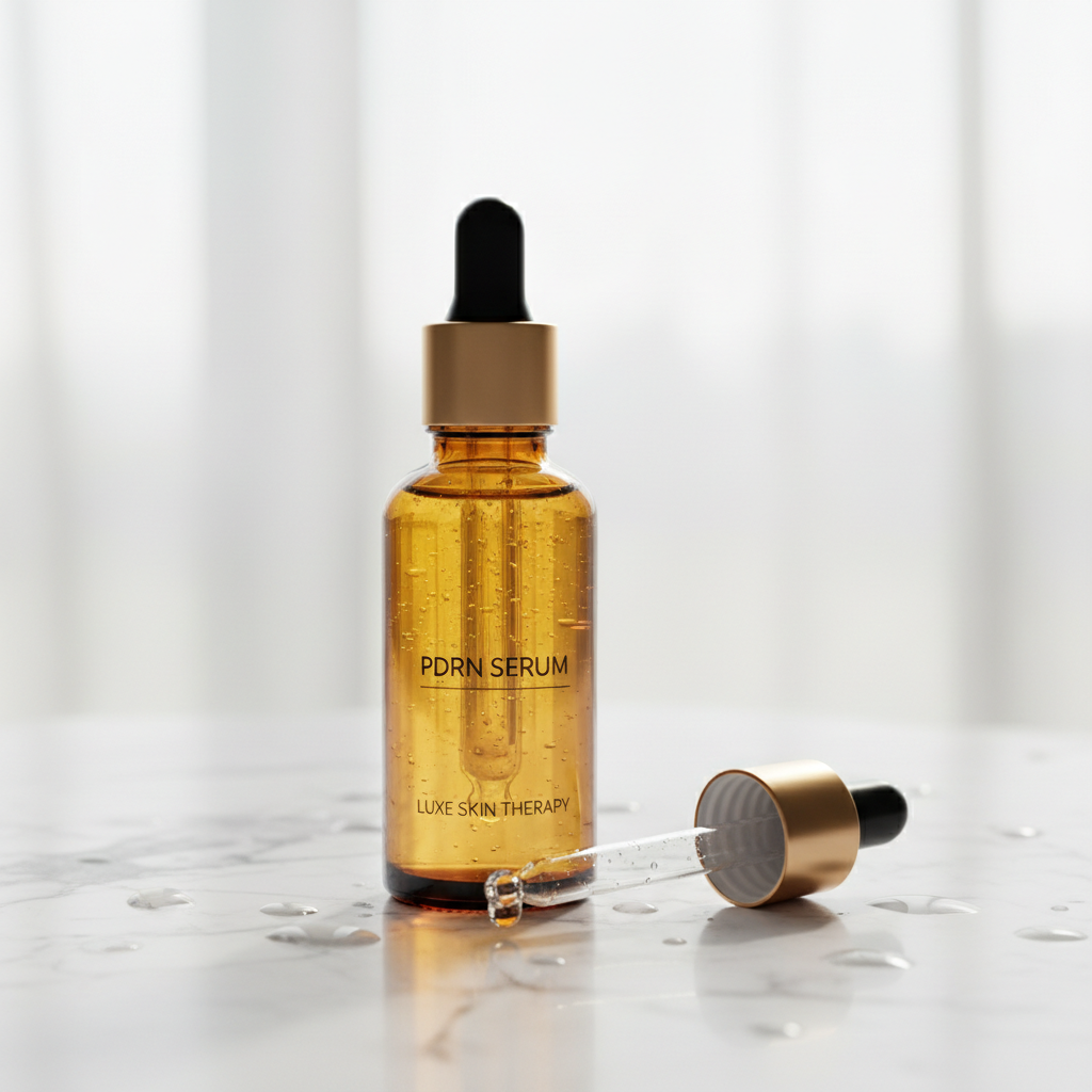 PDRN Renewal Serum amber glass dropper bottle on marble surface