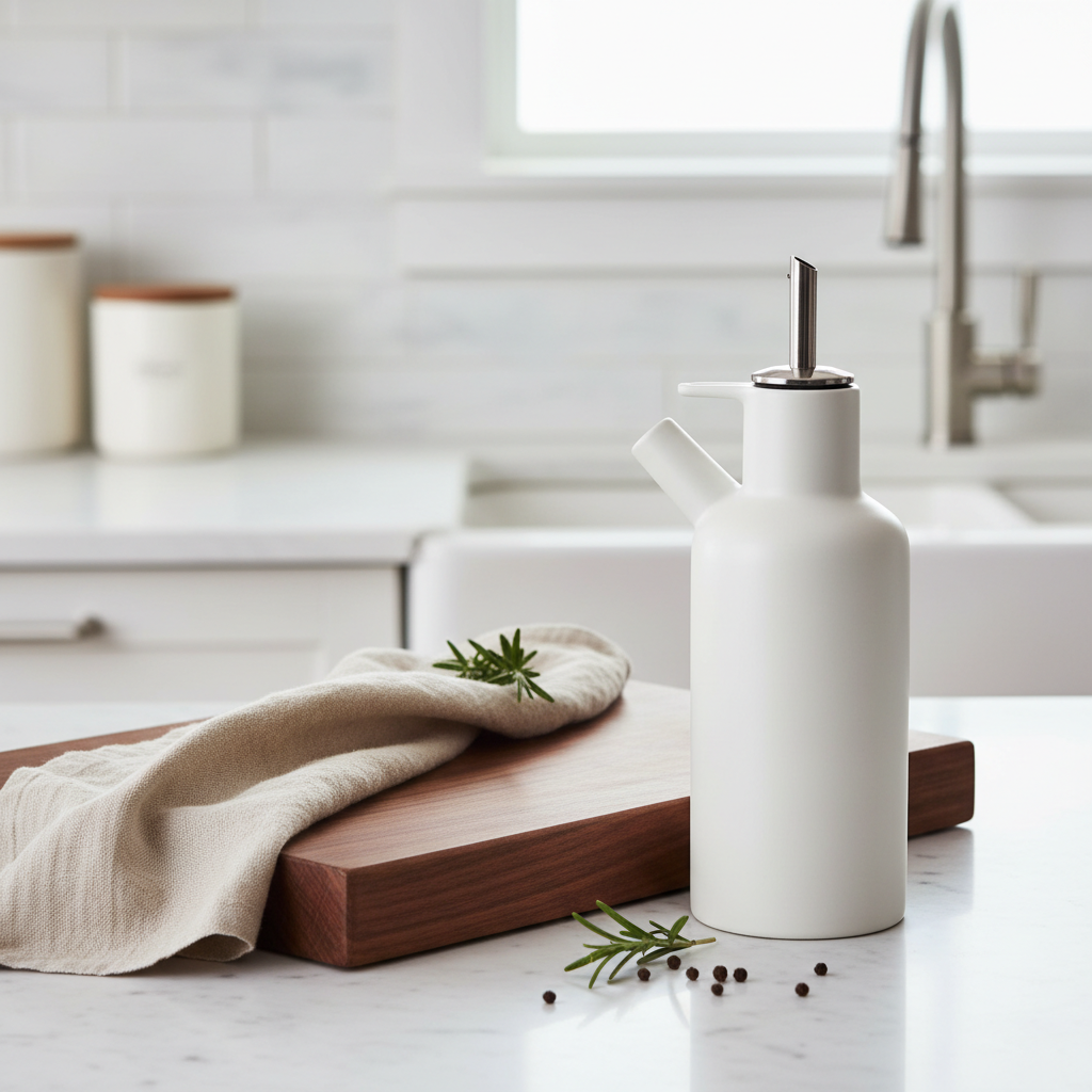 Premium kitchen essentials set with ceramic oil dispenser, wooden cutting board and linen dish towel