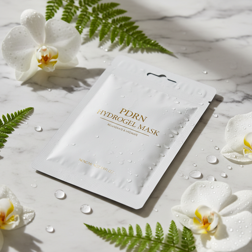 PDRN Intensive Face Mask hydrogel sheet mask in elegant white packaging on marble surface with botanicals