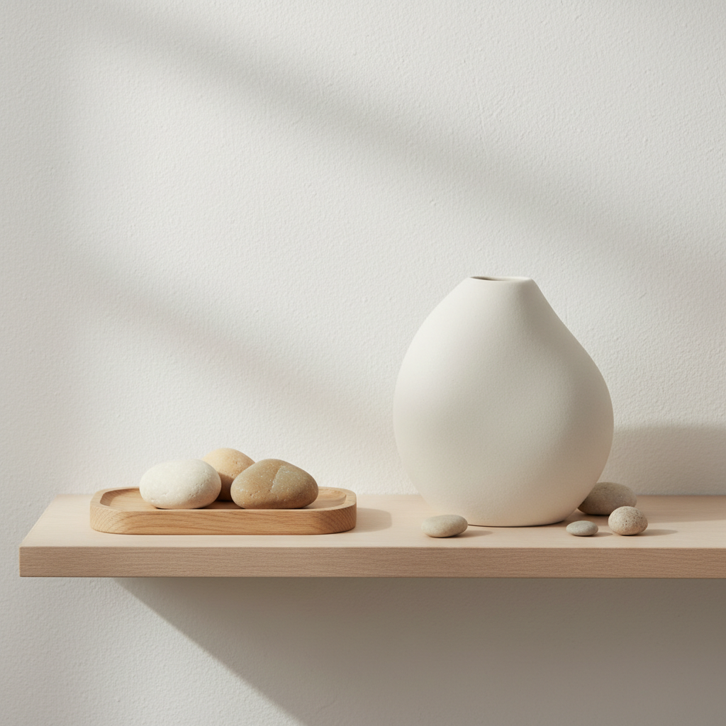 Minimalist modern home decor objects on wooden shelf in neutral tones
