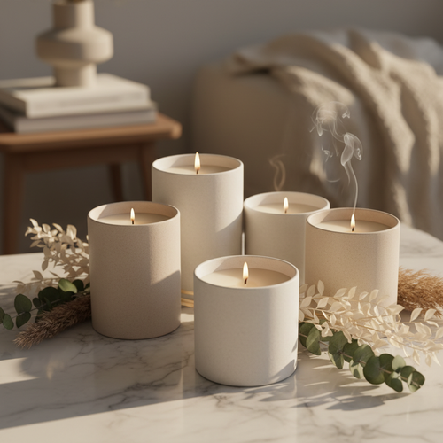 Luxury scented candles in matte ceramic vessels on marble surface with botanicals